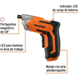 Destornillador Inalambrico 3.6V M1/4 con Led Pmagnetico Truper 102465 Truper-Destornillador Inalambrico 3.6V M1/4 con Led Pmagne