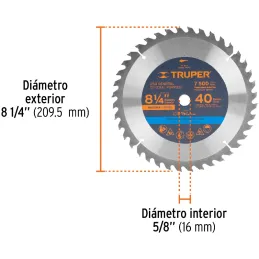 Discos Sierras 8-1/4" 40Dientes C5/8" para madera, Truper 18303 Truper-Discos Sierras 8-1/4" 40Dientes C5/8" para madera, Truper