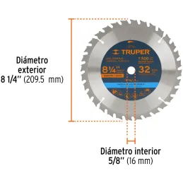 Discos Sierras 8-1/4" 32Dientes C5/8" para madera, Truper 12682 Truper-Discos Sierras 8-1/4" 32Dientes C5/8" para madera, Truper