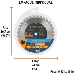 Discos Sierras 8-1/4" 32Dientes C5/8" para madera, Truper 12682 Truper-Discos Sierras 8-1/4" 32Dientes C5/8" para madera, Truper