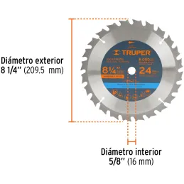 Discos Sierras 8-1/4" 24Dientes C5/8" para madera, Truper 18302 Truper-Discos Sierras 8-1/4" 24Dientes C5/8" para madera, Truper