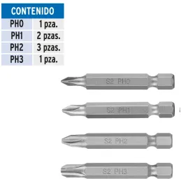 Juego de puntas Phillips combinadas PH0-PH3 x50mm 7 piezas, Truper 100504 Truper-Juego de puntas Phillips combinadas PH0-PH3 x50