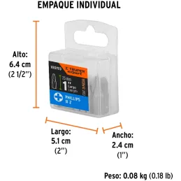 Puntas Phillips #2 x25mm PH2 estuches con 15 piezas, Truper 100193 Truper-Puntas Phillips #2 x25mm PH2 estuches con 15 piezas, T