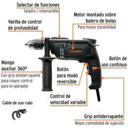 Taladros Percutores 1/2" 650W Vvariable Reversible, Truper 15200 Truper-Taladros Percutores 1/2" 650W Vvariable Reversible, Trup