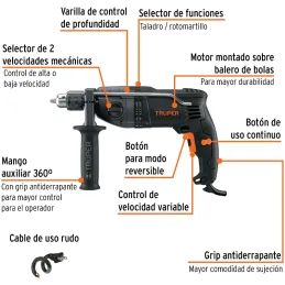 Taladros Percutores 1/2" 900W Vvariable Reversible, Truper 15202 Truper-Taladros Percutores 1/2" 900W Vvariable Reversible, Trup