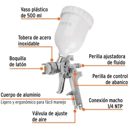 Pistolas de Pinturas Gravedad 500ml HVLP T1.4mm VB A20-24cm, PIPI-440 Truper 12128 Truper-Pistolas de Pinturas Gravedad 500ml HV