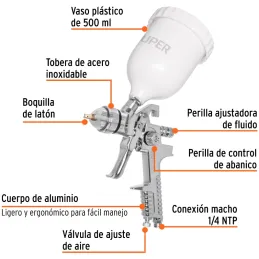 Pistolas de Pinturas Gravedad 500ml HVLP T1.7mm VM A20-24cm, PIPI-441 Truper 12129 Truper-Pistolas de Pinturas Gravedad 500ml HV