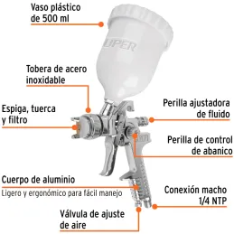 Pistolas de Pinturas Gravedad 500ml HVLP T2 mm VM A20-24cm, PIPI-442 Truper 12131 Truper-Pistolas de Pinturas Gravedad 500ml HVL