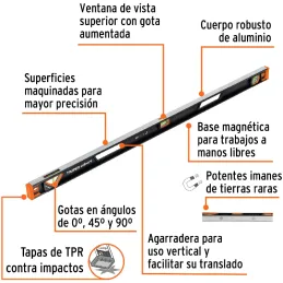 Niveles Profesionales Magneticos 48" 122cm Aluminio TPR, Truper 14629 Truper-Niveles Profesionales Magneticos 48" 122cm Aluminio