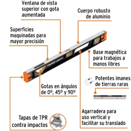 Niveles Profesionales Magneticos 24" 61cm Aluminio TPR, Truper 14626 Truper-Niveles Profesionales Magneticos 24" 61cm Aluminio T