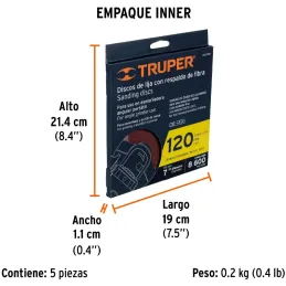 Discos de Lija 7" G120 RespaldoFibra 5Piezas D7/8 OAluminio, Truper 100163 Truper-Discos de Lija 7" G120 RespaldoFibra 5Piezas D