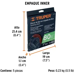 Discos de Lija 7" G80 RespaldoFibra 5Piezas D7/8 OAluminio, Truper 100162 Truper-Discos de Lija 7" G80 RespaldoFibra 5Piezas D7/
