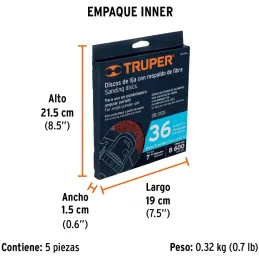 Discos de Lija 7" G36 RespaldoFibra 5Piezas D7/8 OAluminio, Truper 100160 Truper-Discos de Lija 7" G36 RespaldoFibra 5Piezas D7/