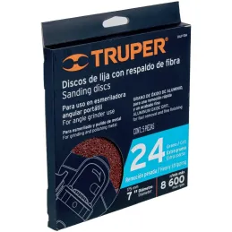 Discos de Lija 7" G24 RespaldoFibra 5Piezas D7/8 OAluminio, Truper 100129 Truper-Discos de Lija 7" G24 RespaldoFibra 5Piezas D7/