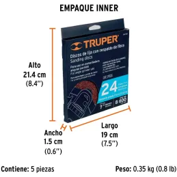 Discos de Lija 7" G24 RespaldoFibra 5Piezas D7/8 OAluminio, Truper 100129 Truper-Discos de Lija 7" G24 RespaldoFibra 5Piezas D7/