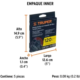 Discos de Lija 4-1/2" G120 RespaldoFibra 5Piezas D7/8 OAluminio, Truper 100128 Truper-Discos de Lija 4-1/2" G120 RespaldoFibra 5
