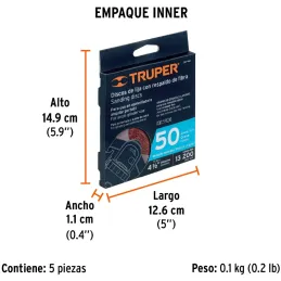 Discos de Lija 4-1/2" G50 RespaldoFibra 5Piezas D7/8 OAluminio, Truper 100126 Truper-Discos de Lija 4-1/2" G50 RespaldoFibra 5Pi