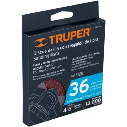 Discos de Lija 4-1/2" G36 RespaldoFibra 5Piezas D7/8 OAluminio, Truper 100125 Truper-Discos de Lija 4-1/2" G36 RespaldoFibra 5Pi