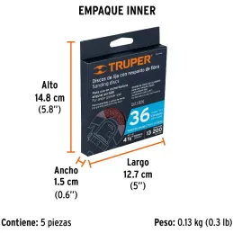 Discos de Lija 4-1/2" G36 RespaldoFibra 5Piezas D7/8 OAluminio, Truper 100125 Truper-Discos de Lija 4-1/2" G36 RespaldoFibra 5Pi