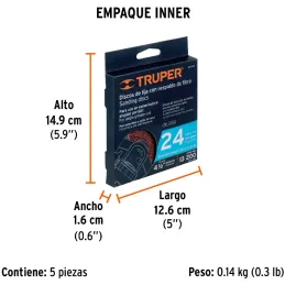 Discos de Lija 4-1/2" G24 RespaldoFibra 5Piezas D7/8 OAluminio, Truper 100124 Truper-Discos de Lija 4-1/2" G24 RespaldoFibra 5Pi