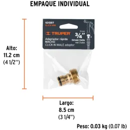 Conector Sistema Click Macho E3/4, Truper 101597 Truper-Conector Sistema Click Macho E3/4, Truper 101597 Fabricado en latón sóli