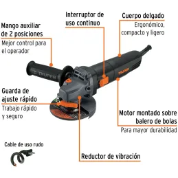 Amoladora 4-1/2 850W Industrial M14 Ergonomico, Truper 100755 Truper-Amoladora 4-1/2 850W Industrial M14 Ergonomico, Truper 1007