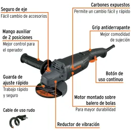 Amoladora 4-1/2 1250W Industrial M14 Ergonomico, Truper 100756 Truper-Amoladora 4-1/2 1250W Industrial M14 Ergonomico, Truper 10