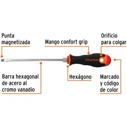 Desarmador Plano Bhex 3/16" x6" ComfortGrip Truper 100832 Truper-Desarmador Plano Bhex 3/16" x6" ComfortGrip Truper 100832 Barra