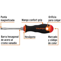 Desarmador Plano Bhex 3/16" x3" ComfortGrip Truper 100831 Truper-Desarmador Plano Bhex 3/16" x3" ComfortGrip Truper 100831 Barra