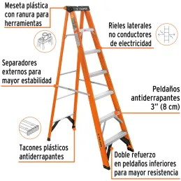 Escaleras de Tijera 6 Peldaños T2 Max3.4m P9kg FibraVidrio, Truper 100226 Truper-Escaleras de Tijera 6 Peldaños T2 Max3.4m P9kg 