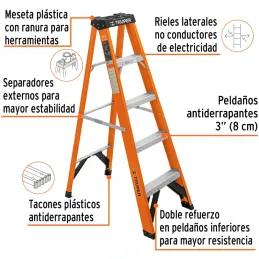 Escaleras de Tijera 4 Peldaños T2 Max2.9m P6.5kg FibraVidrio, Truper 100224 Truper-Escaleras de Tijera 4 Peldaños T2 Max2.9m P6.
