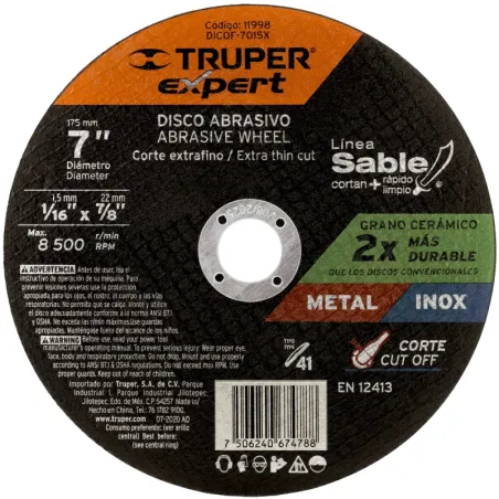Discos de Corte Metal 7" x1.5mm OAluminio Inox D7/8 T41, Truper 11998 Truper-Discos de Corte Metal 7" x1.5mm OAluminio Inox D7/8
