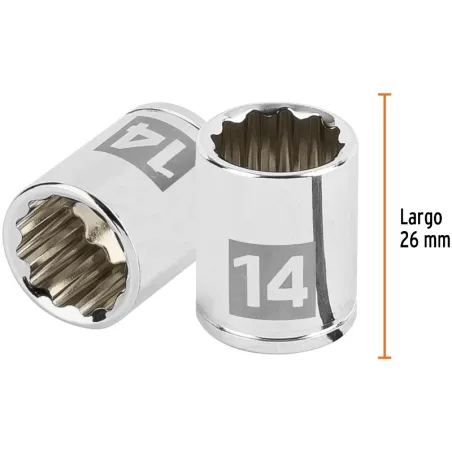 Dados 14mm E1/4 Poligonales CrVanadio, Truper 100953 Truper-Dados 14mm E1/4 Poligonales CrVanadio, Truper 100953 Fabricado en ac