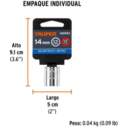 Dados 14mm E1/4 Poligonales CrVanadio, Truper 100953 Truper-Dados 14mm E1/4 Poligonales CrVanadio, Truper 100953 Fabricado en ac