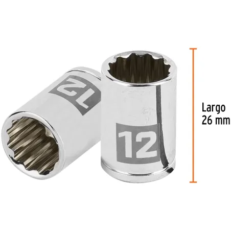 Dados 12mm E1/4 Poligonales CrVanadio, Truper 100986 Truper-Dados 12mm E1/4 Poligonales CrVanadio, Truper 100986 Fabricado en ac