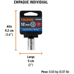 Dados 12mm E1/4 Poligonales CrVanadio, Truper 100986 Truper-Dados 12mm E1/4 Poligonales CrVanadio, Truper 100986 Fabricado en ac