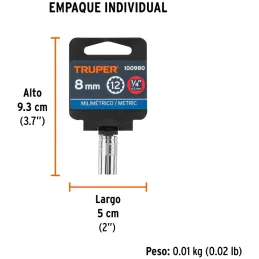 Dados 8mm E1/4 Poligonales CrVanadio, Truper 100980 Truper-Dados 8mm E1/4 Poligonales CrVanadio, Truper 100980 Fabricado en acer