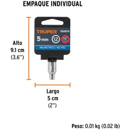 Dados 5mm E1/4 Poligonales CrVanadio, Truper 100974 Truper-Dados 5mm E1/4 Poligonales CrVanadio, Truper 100974 Fabricado en acer