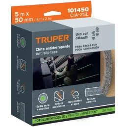 Cintas adhesivas antiderrapantes 2" x5m Negro Fotoluminiscente, Truper 101450 Truper-Cintas adhesivas antiderrapantes 2" x5m Neg
