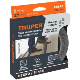 Cintas adhesivas antiderrapantes 1" x5m Negro Pisos y Rampas, Truper 12542 Truper-Cintas adhesivas antiderrapantes 1" x5m Negro 