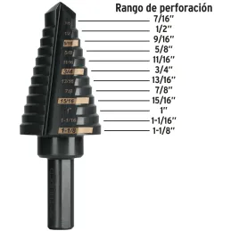 Brocas Escalonada HSS 12 Escalones 7/16"-1-1/8" x79mm, Truper 101458 Truper-Brocas Escalonada HSS 12 Escalones 7/16"-1-1/8" x79m