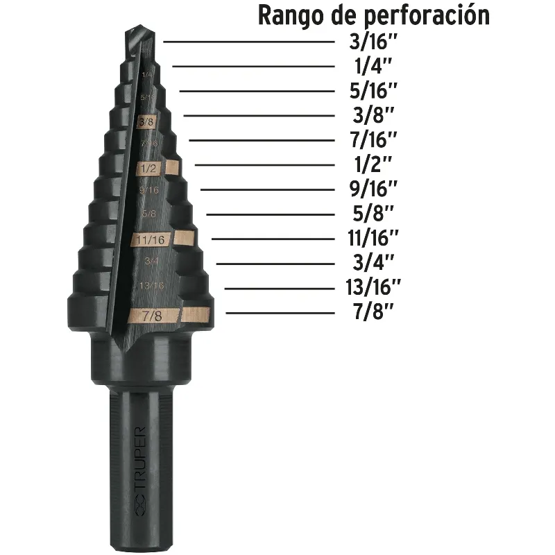 Brocas Escalonada HSS 12 Escalones 3/16"-7/8" x80mm, Truper 12125 Truper-Brocas Escalonada HSS 12 Escalones 3/16"-7/8" x80mm, Tr