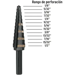 Brocas Escalonada HSS 13 Escalones 1/8"-1/2" x77mm, Truper 12122 Truper-Brocas Escalonada HSS 13 Escalones 1/8"-1/2" x77mm, Trup