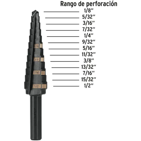 Brocas Escalonada HSS 13 Escalones 1/8"-1/2" x77mm, Truper 12122 Truper-Brocas Escalonada HSS 13 Escalones 1/8"-1/2" x77mm, Trup