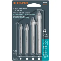 Juego de Brocas para Vidrios y Azulejos 4 Piezas Carburo de Tungsteno Truper 101798 Truper-Juego de Brocas para Vidrios y Azulej