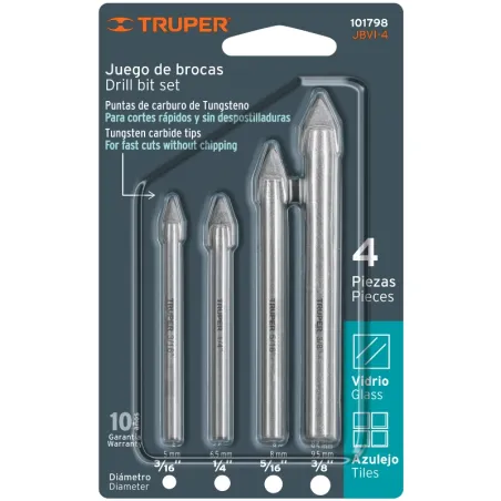 Juego de Brocas para Vidrios y Azulejos 4 Piezas Carburo de Tungsteno Truper 101798 Truper-Juego de Brocas para Vidrios y Azulej