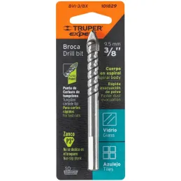 Broca para Vidrios y Azulejos 3/8" x4" Carburo de Tungsteno, Truper 101829 Truper-Broca para Vidrios y Azulejos 3/8" x4" Carburo