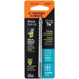 Broca para Vidrios y Azulejos 1/4" x4" Carburo de Tungsteno, Truper 101827 Truper-Broca para Vidrios y Azulejos 1/4" x4" Carburo