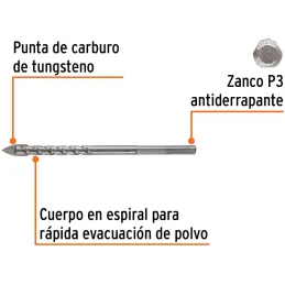 Broca para Vidrios y Azulejos 3/16" x3" Carburo de Tungsteno, Truper 101826 Truper-Broca para Vidrios y Azulejos 3/16" x3" Carbu