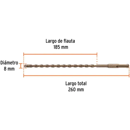 Brocas SDS Plus 8mm x260mm Concreto Truper 101195 Truper-Brocas SDS Plus 8mm x260mm Concreto Truper 101195 Punta de cruz, tecnol